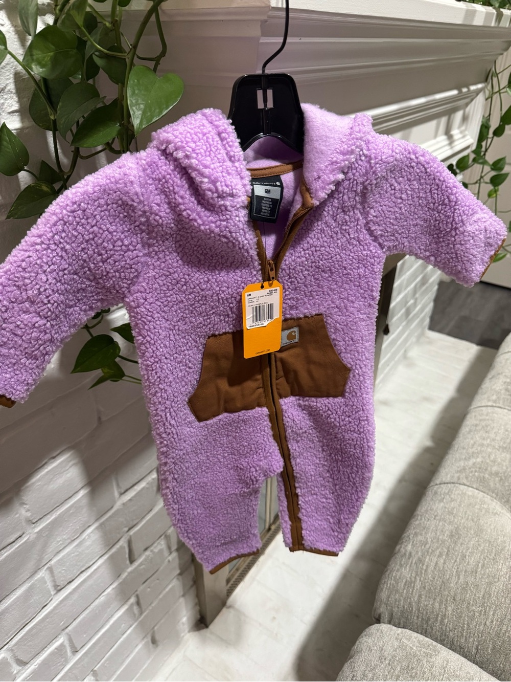 NWT Carhartt Baby Lavender Sherpa Hooded Romper Coverall 6M Cozy One Piece